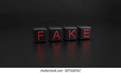 Black Cubes With Fake Logo, The Word Fake Is Written On The Cubes, The Cubes With The Letters On A Dark Background 3d Illustration