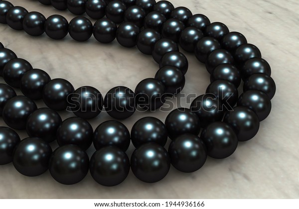 Black cultured tahitian\
pearl three-strand necklace on a marble table top, close-up, 3D\
illustration.
