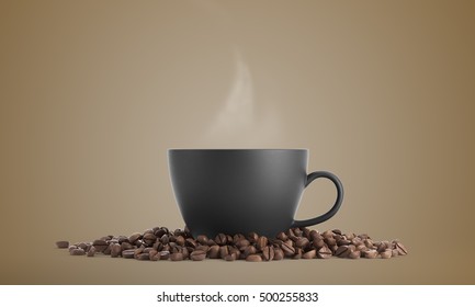 Black cup of coffee surrounded by coffee beans and standing against beige background. 3d rendering. Mock up