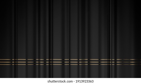 Black curtain with golden lines. Elegant drapery fabric backdrop.