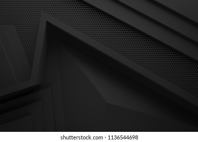 Black Dark Abstract Graphic Shape Background 3d Illustration Origami Paper Pattern.