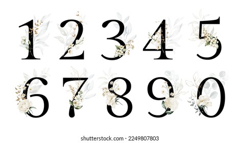 Black Dark Floral Number Set - digits 1, 2, 3, 4, 5, 6, 7, 8, 9, 0 white green gold botanic flower branch bouquets. Rose, peony, chamomile, eucalyptus. Wedding invitations, baby shower, birthday. - Powered by Shutterstock