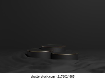 Black, Dark Gray 3D Rendering Minimal Product Display Three Luxury Cylinder Podiums Or Stands, On Wavy Textile Product Photography Background Abstract Composition With Golden Lines Cosmetic