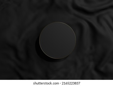 Black, Dark Gray, Black And White 3D Rendering Minimal Product Display Top View Flat Lay Circle Podium Or Stand With Gold Line On Wavy Textile For Luxury Cosmetic Product Photography From Above