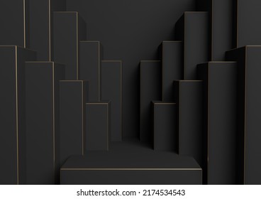 Black, Dark Gray, Black And White 3D Rendering Product Display Podium Or Stand Simple, Minimal, Symmetrical, Geometric Background Or Wallpaper For Luxury Product Advertisement Abstract City Skyline