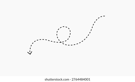 a black dashed line forming a path that includes a circular loop, ending with an arrow pointing towards the bottom left. The is minimalist and clean, set against a plain white background. The stroke has a hand-drawn making it feel organic and accessible. It serves as an visual tool for indicating direction, sequence, or movement in presentations, educational or digital user interfaces where a clear, non-intrusive indicator is required.