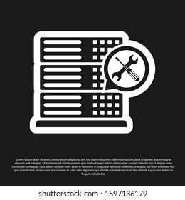 Black Database server with screwdriver and wrench icon isolated on black background. Adjusting, service, setting, maintenance, repair, fixing.  