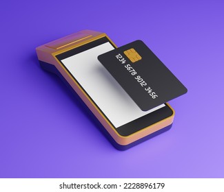 Black debit or credit card with chip, payment POS terminal, NFC. Cashless society concept on purple background. Digital transfer of money. 3d render illustration. Clipping path included.