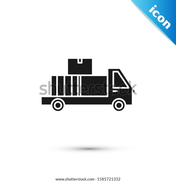 Black Delivery truck with cardboard boxes\
behind icon isolated on white background. \
