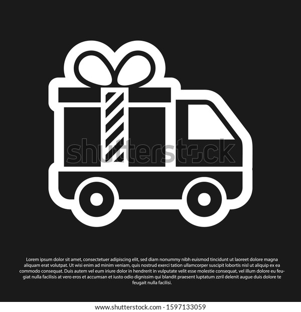 Black Delivery truck with gift icon isolated on black\
background.  