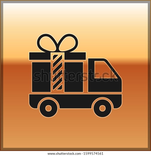 Black Delivery truck with gift icon isolated on gold\
background.  