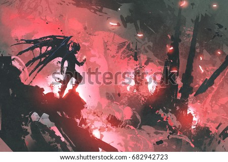black devil standing on ruins of building against burning city, digital art style, illustration painting