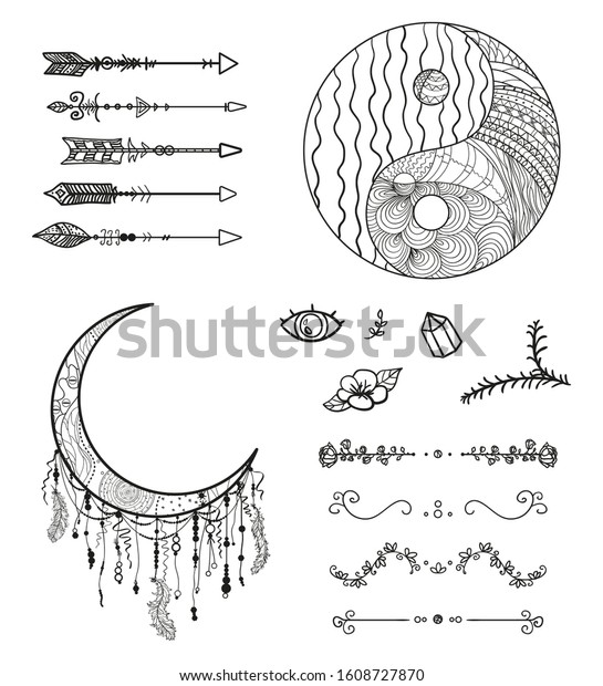Black\
different elements on white. Hand drawn ornate symbols with\
abstract patterns. Black and white\
illustration