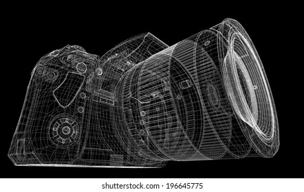 Black digital camera 3D model body structure, wire model