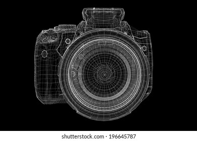 Black digital camera 3D model body structure, wire model