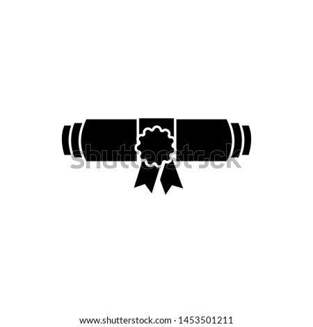 Black Diploma rolled scroll with stamp and ribbon icon isolated on white background. Paper scroll with wax seal. Graduation concept. Business certificate