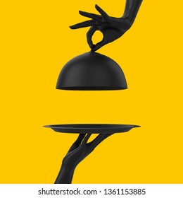 Black Dish with lid holding hands isolated on yellow, opened restaurant cloche, launch time promo banner concept.  3d rendering