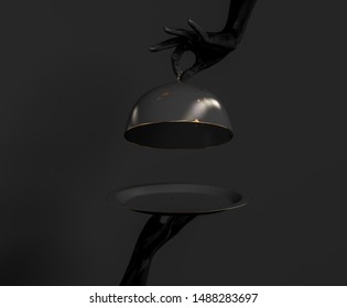 Black Dish with lid holding hands isolated on black, opened luxury restaurant cloche, launch time promo banner concept.  3d rendering