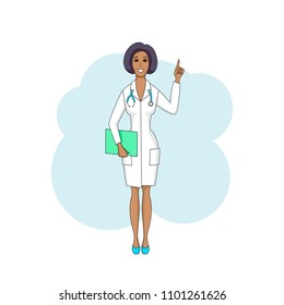 Black Doctor Female Talking, In White Coat With Folder, Pointing Finger Up. Modern Style, Isolated On White Background. Vertical Layout.