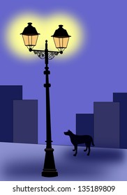 A Black Dog That Looks On A Lamppost In A City At Night.