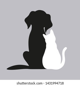 Black Dog And White Cat On A Gray Background