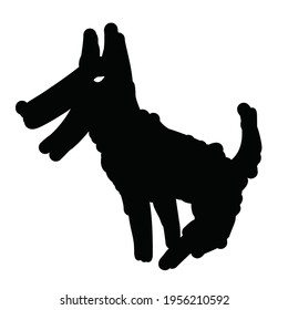 Black Dog Wolf Animal Silhouette Sitting Down Happily Wagging His Tail Outline Illustration Stylized Kids Drawing Design. Pet Puppy Happy Doggie. A Man's Best Friend. Symbolic Metaphor Illustration 