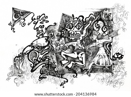 black drawing with azteque symbols, people, dancing, ritual/azteque/ scan of drawing