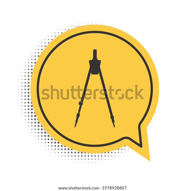 Black Drawing compass\
icon isolated on white background. Compasses sign. Drawing and\
educational tools. Geometric instrument. Education sign. Yellow\
speech bubble\
symbol.