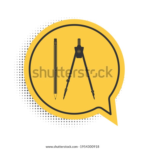 Black Drawing\
compass and pencil icon isolated on white background. Education\
sign. Drawing and educational tools. Geometric equipment. School\
office. Yellow speech bubble\
symbol.