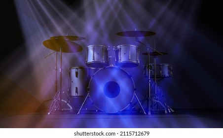 black drum kit in blue rays of light. 3d rendering