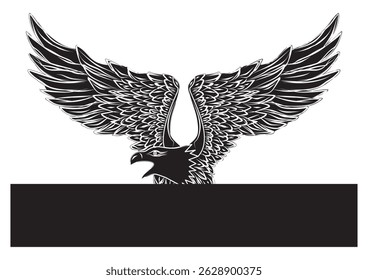 BLACK EAGLE WITH A WRITING BOX AND WHITE BACKGROUND
