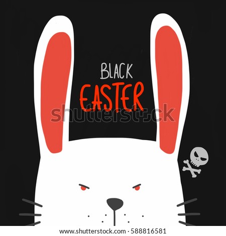 Black Easter word and white scary rabbit watercolor painting cartoon illustration on black background