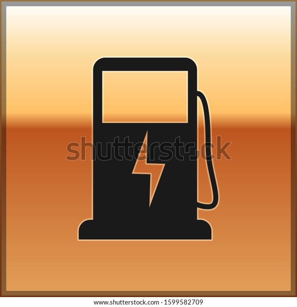 Black Electric car charging\
station icon isolated on gold background. Eco electric fuel pump\
sign. 