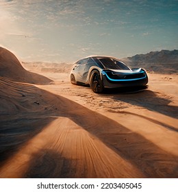 Black Electric Car In The Desert, Adventure