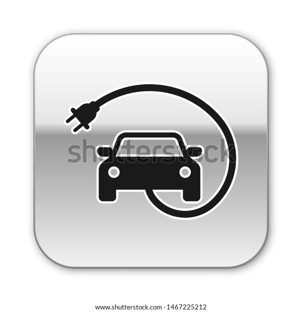 Black Electric car and electrical cable plug\
charging icon isolated on white background. Renewable eco\
technologies. Silver square\
button