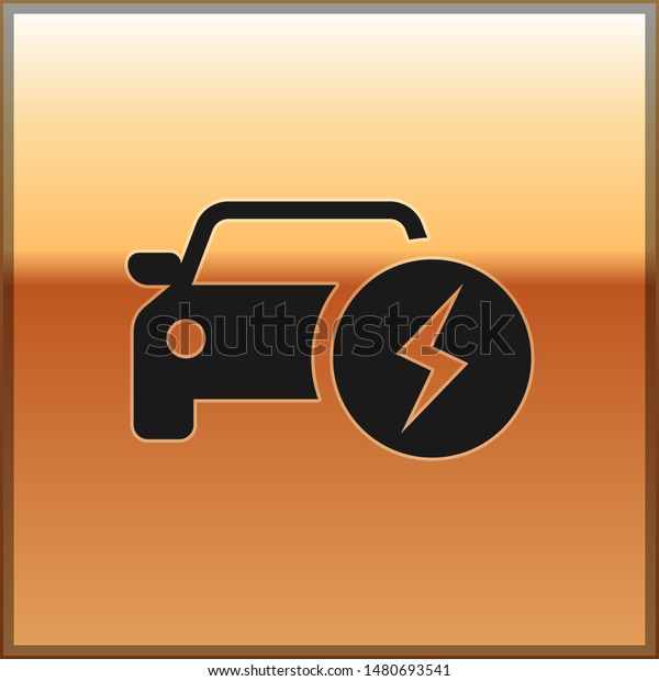 Black\
Electric car and electrical cable plug charging icon isolated on\
gold background. Renewable eco\
technologies