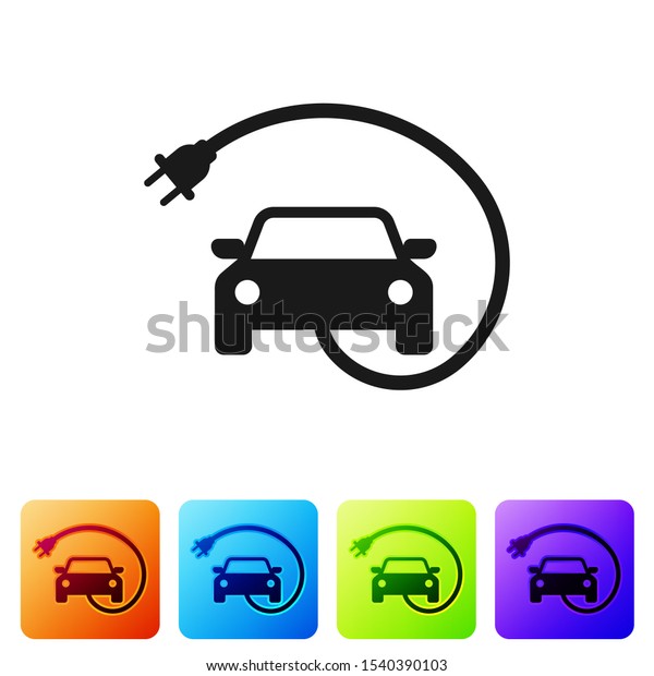 Black Electric car and electrical cable\
plug charging icon isolated on white background. Renewable eco\
technologies. Set icon in color square\
buttons