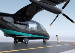 Black Electric VTOL Passenger Aircraft Charging On The Station. Airport Background. 3D Rendering Image.