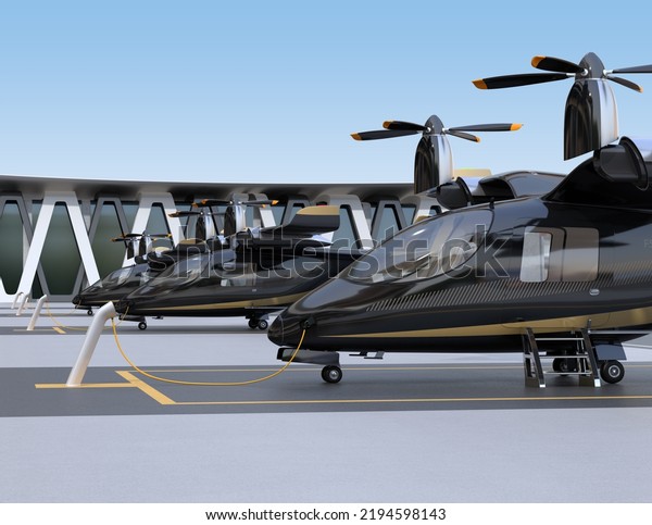 Black Electric VTOL\
passenger aircrafts charging on the station. Airport background. 3D\
rendering image.