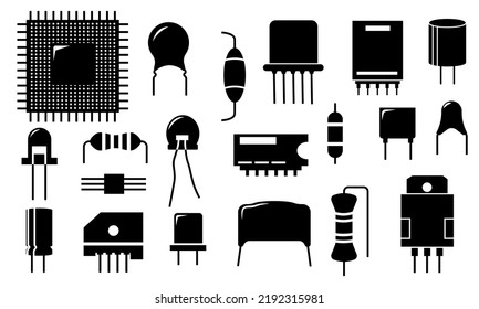 Black Electronic Component Icons. Electric Circuit Conductor And Semiconductor Parts, Diode Transistor Resistor Capacitor.  Set Of Small Connection Monochrome Capacitor Illustration