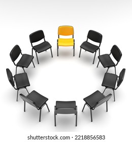 Black Empty Chairs In A Circle With One Yellow Chair On A White Background. The Concept Of A Club Of Trust And Discussion Of Problems. Group Psychotherapy. 3d Rendering.