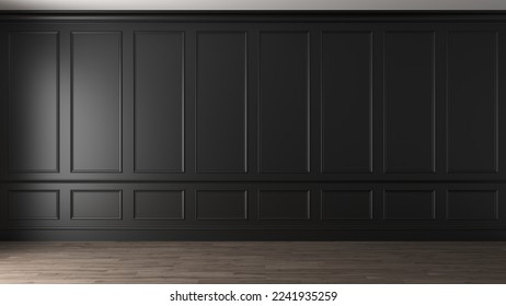 Black empty interior in classic style. The dark wall is decorated with moldings. Background modern rendering of an architectural interior. 3d render illustration mock up.
