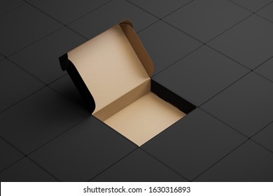 Black Empty Open Paper Cardboard Box Among The Closed Boxes. Side View. Mock Up. 3d Rendering