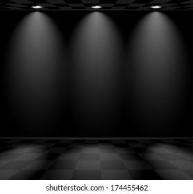 Black empty room with checkered floor and lamps