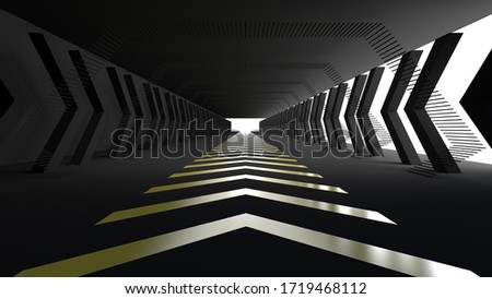 Black empty room space and the pathway area indefinitely with the gap glowing in the dark and shadow. Museum space design. Forward arrow symbol and the gap, On the black floor, 3D rendering.