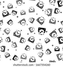 Black Envelope with document and check mark icon seamless pattern on white background. Successful e-mail delivery, email delivery confirmation, successful verification concepts
