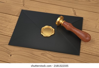 Black Envelope With Gold Seal And Stamp On Wooden Background, 3d Render