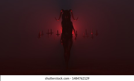 Black Evil Witch Vampire Devil with a Head Dress and Upside Down Floating Crosses Abstract Demon in a Foggy Void 3d illustration 3d render  	