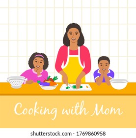 Black Family Cooking Together. Mom With Two Happy Kids Cuts Vegetables For The Dinner. Flat Cartoon Illustration. Little Son And Daughter Help Mother Cook Meals In The Kitchen. Stay Home Concept