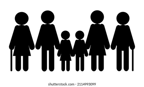 Black Family Icon, Father, Mother, Grandpa, Grandma And Two Kids, Isolated On White Background